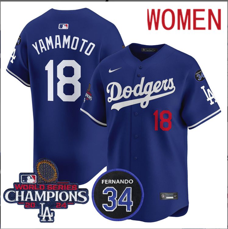 Women MLB Los Angeles Dodgers #18 Yamamoto blue 2024 World Series Champions Patch Limited Jersey style 4->women mlb jersey->Women Jersey